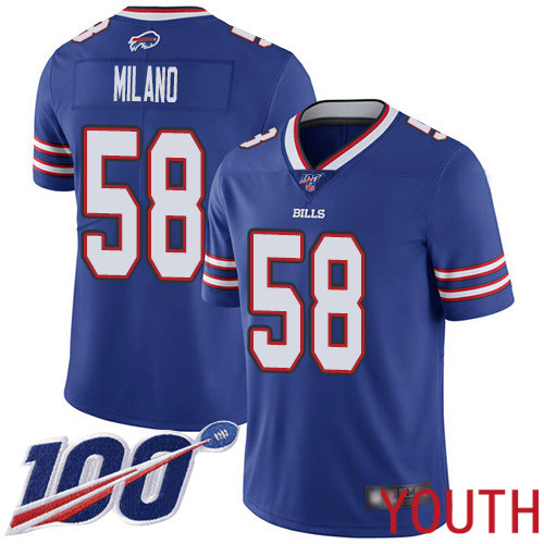 Youth Buffalo Bills #58 Matt Milano Royal Blue Team Color Vapor Untouchable Limited Player 100th Season NFL Jersey->youth nfl jersey->Youth Jersey